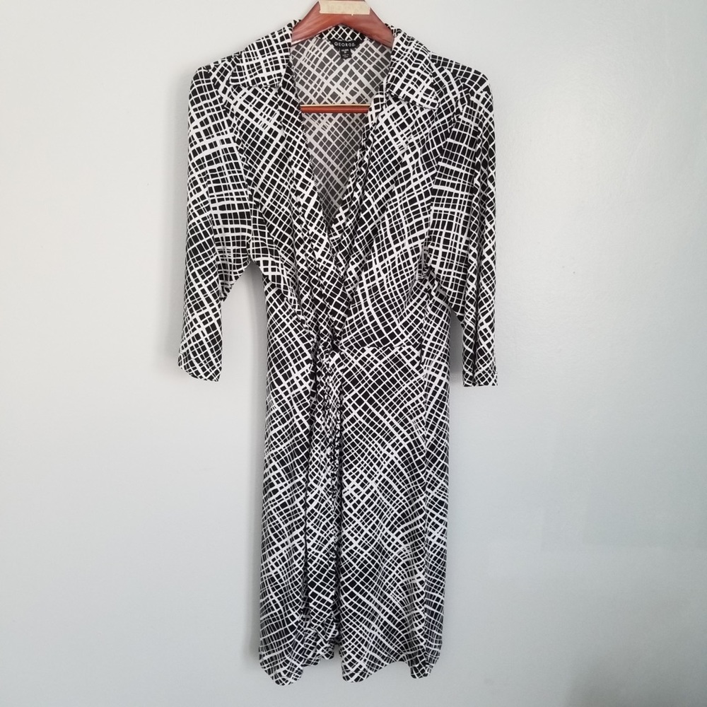 Graphic Print Faux Wrap Tie Waist 3/4 sleeve Dress